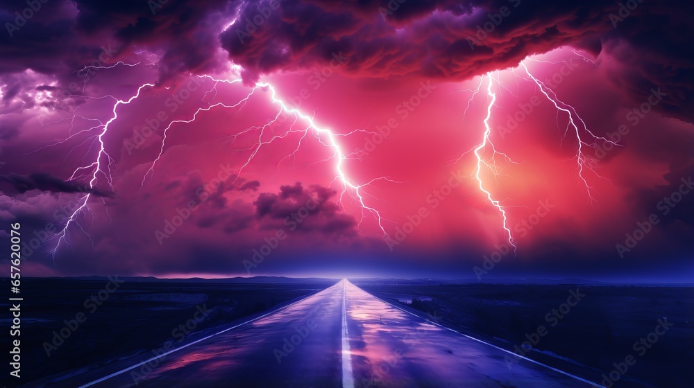 A long road with a lot of lightning in the sky