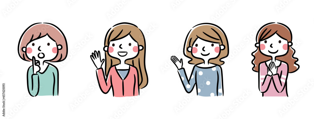 A set of smiling women illustration in various poses. A set of smiling women illustration in various poses.