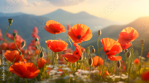 Field of blossoming poppy flowers in the mountains. AI generated image.
