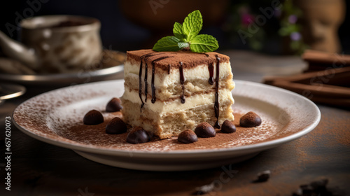 Composition with tiramisu cake decorated with mint leaves on table against dark background