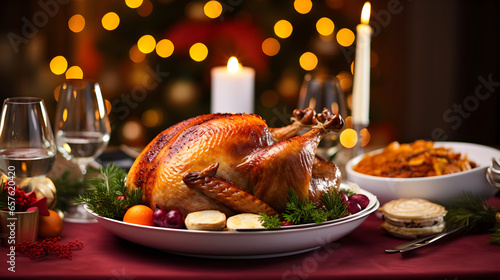 Traditional Christmas dinner with roasted turkey. AI generated image