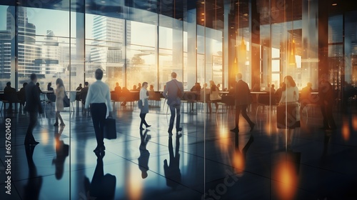 Dynamic Business Crowd in Bright Office Lobby: Long Exposure Blur with Generative AI
