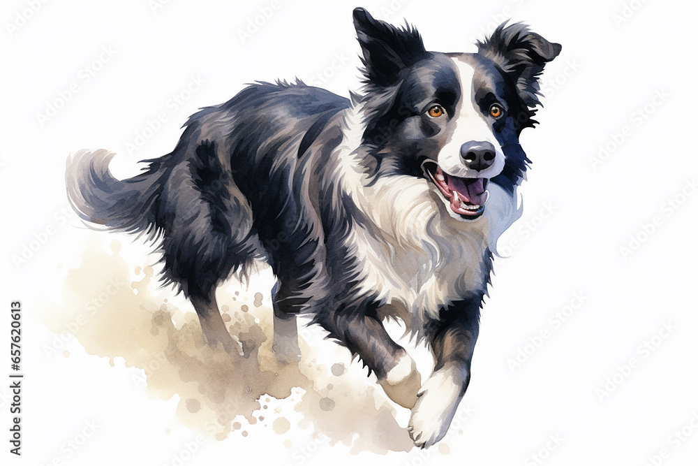 Watercolor illustration of a full-body border collie running on a white background