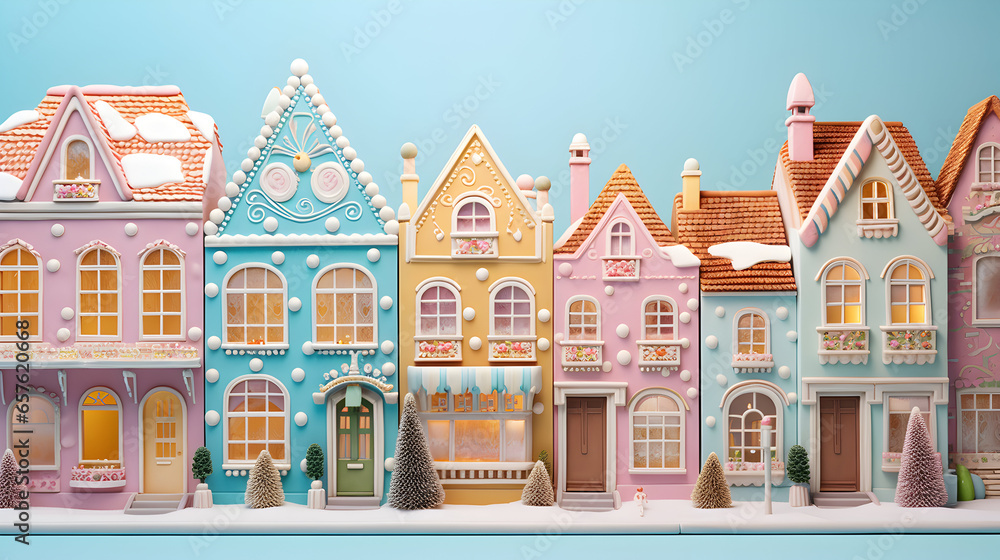 Gingerbread houses. Christmas fairy village landscape. AI generated image - obrazy, fototapety, plakaty 