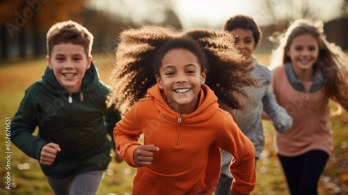 Group of diverse kids running in a park. Exciting outdoor fun activity © ReneBot/Peopleimages - AI