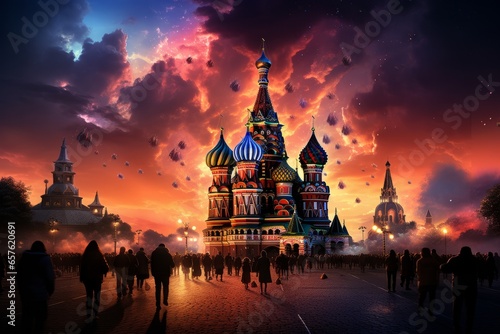  Iconic Saint Basil's Cathedral with colorful onion domes in Red Square, Moscow, Generative AI photo