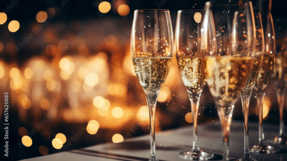 High angle of champagne glasses and christmas decorations on a dark festive background. High angle of champagne glasses and christmas decorations on a dark festive background.