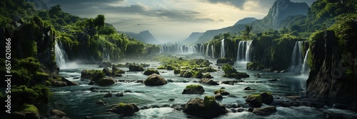 Generative AI, Beautiful green amazon forest landscape, rainforest jungle with waterfalls