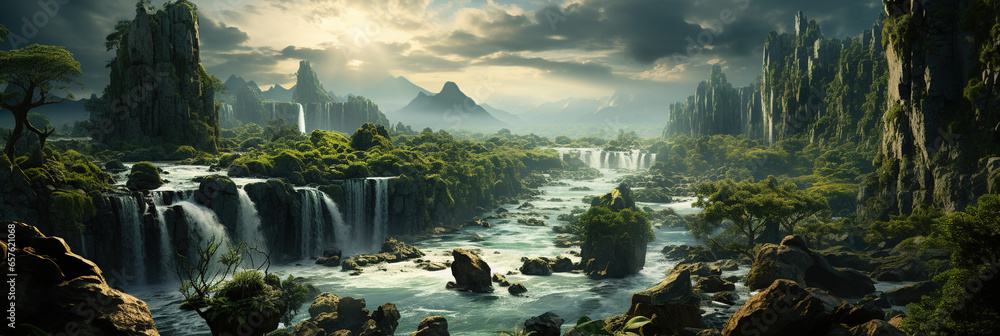 Generative AI, Beautiful green amazon forest landscape, rainforest jungle with waterfalls
