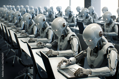 Humanoid robot office workers working on a laptop computer while networking on the internet using machine learning technology, computer Generative AI stock illustration image