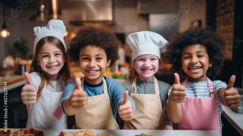 Group of diverse kids in kitchen. Positive happy baking and cooking education