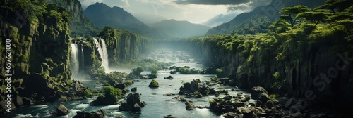 Generative AI  Beautiful green amazon forest landscape  rainforest jungle with waterfalls