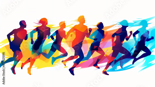 Female and male athlete runners doing a training exercise for a sports race event by jogging and running shown in a contemporary athletic abstract design, Generative AI stock illustration image
