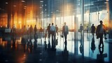 Dynamic Business Crowd in Bright Office Lobby: Long Exposure Blur with Generative AI