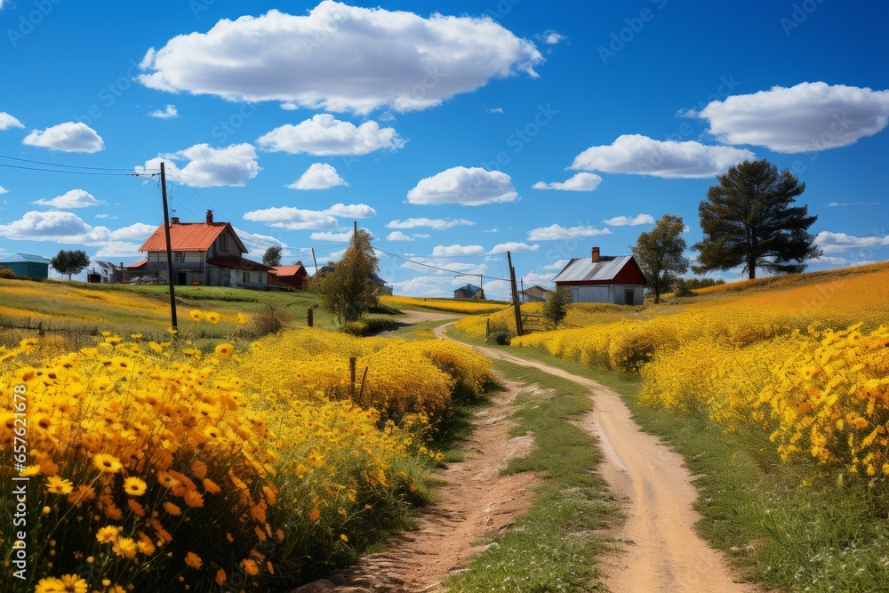  Russian countryside landscape with fields of sunflowers in full bloom, Generative AI.