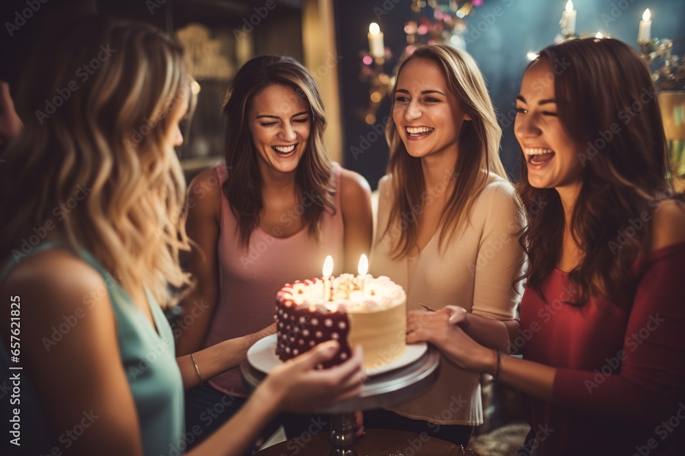 Joyful Birthday Surprise: Women Celebrating in a Softly Lit, Vintage Dining Room