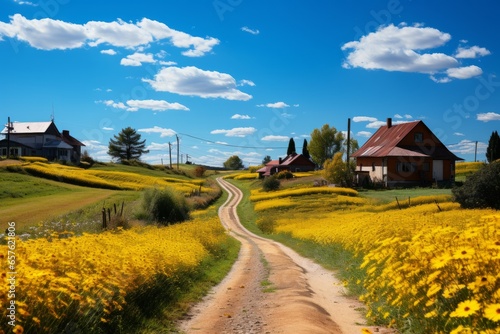  Russian countryside landscape with fields of sunflowers in full bloom, Generative AI.
