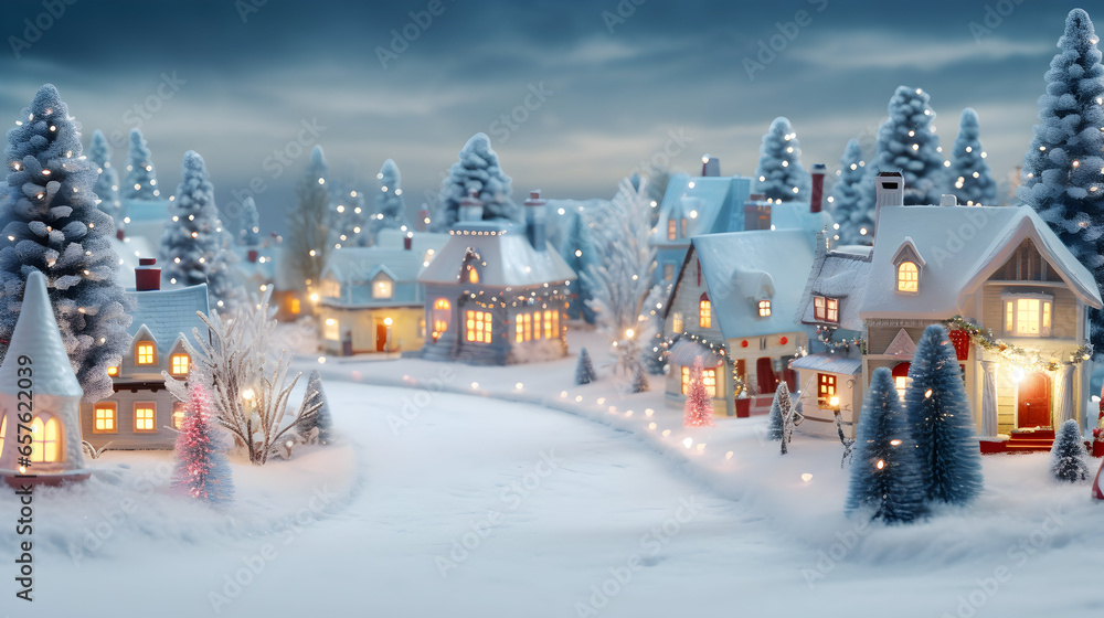 Christmas winter fairy village landscape. AI generated image