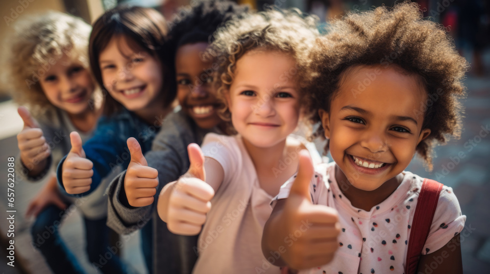 Obraz premium Group of kids showing thumbs up. Happy, healthy and positive children