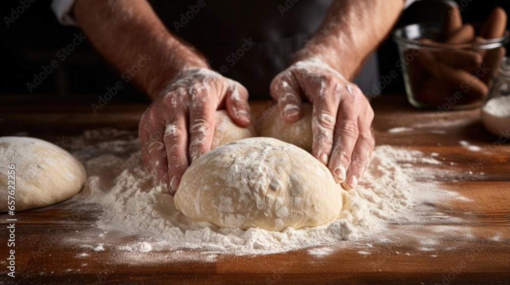 Flour-covered hands forming dough into perfect round shapes Flour-covered hands forming dough into perfect round shapes