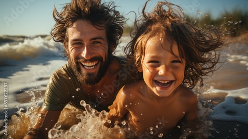 Smiling family playing in the ocean waves on a sunny day © ArtCookStudio