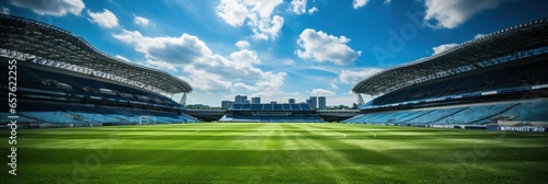 A soccer stadium with a lawn field