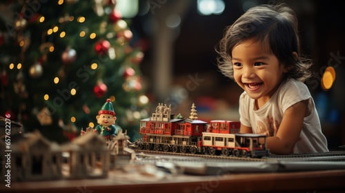 child plays with toy train sitteng ubder christma tree
