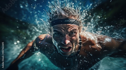 Energetic shot of a swimmer racing through the water like a torped