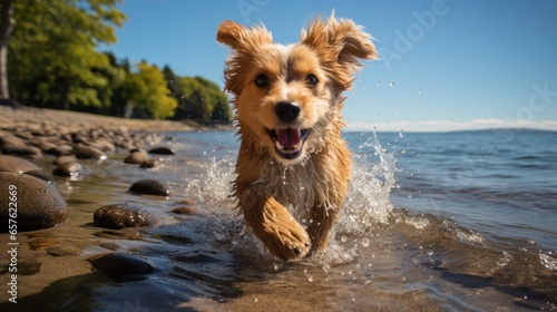 Playful shadow of dog chasing ball on sunny beach