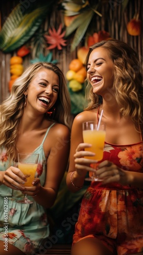 Women laughing and lounging in a pool with tropical drinks