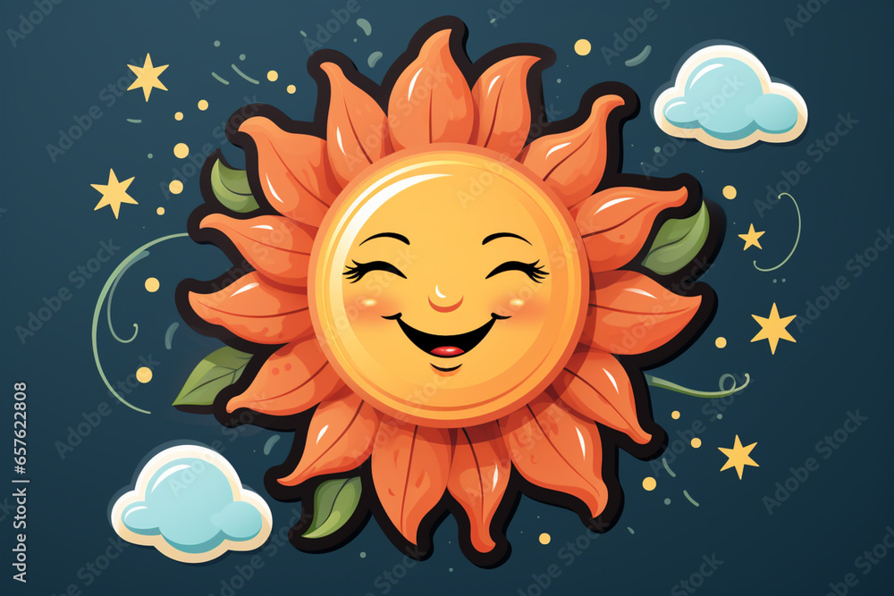 A line art icon sticker of a smiling sun, radiating happiness through simple, curved lines.