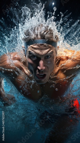 Energetic shot of a swimmer racing through the water like a torped photo