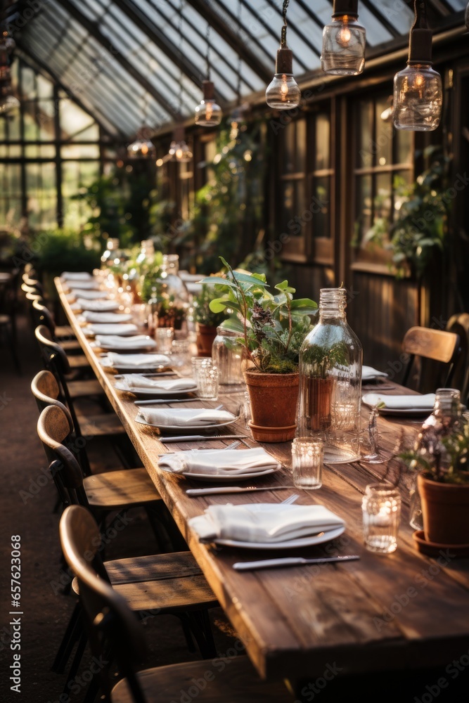 Rustic barn venue adorned with string lights and greenery Rustic barn venue adorned with string lights and greenery