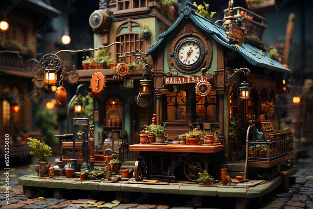A wooden toy train station complete with miniature benches and signs, evoking a sense of nostalgia.
