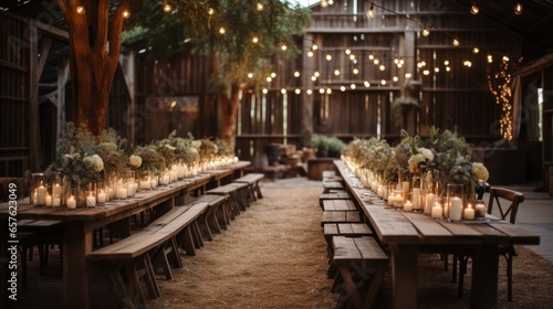 Rustic barn venue adorned with string lights and greenery
