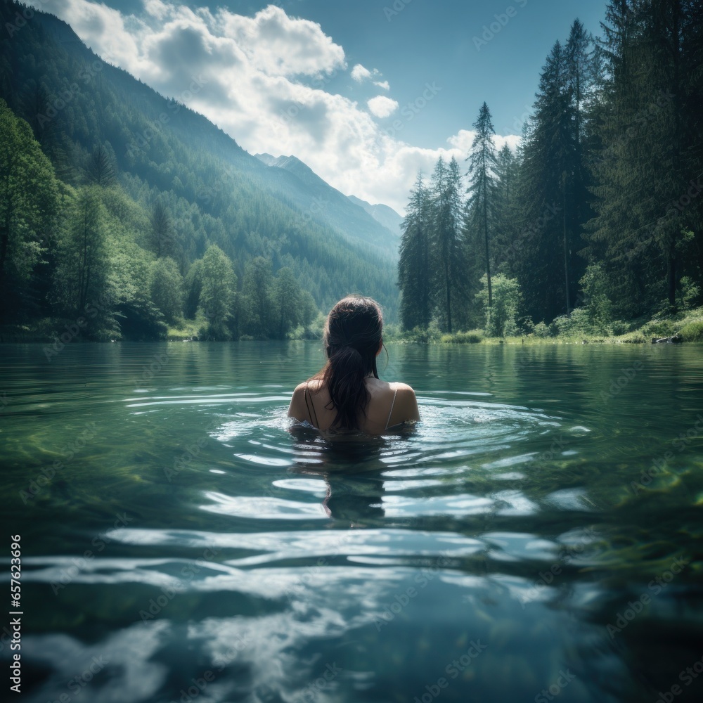 Peaceful image of a woman floating on her back in a tranquil lake Peaceful image of a woman floating on her back in a tranquil lake