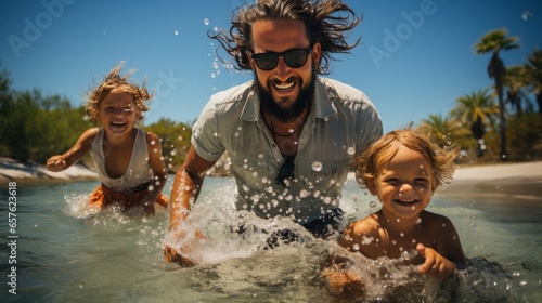 Playful family splashing and swimming in the clear blue water