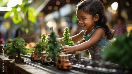 child plays with toy train sitteng ubder christma tree photo