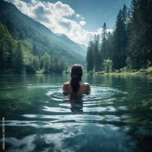 Peaceful image of a woman floating on her back in a tranquil lake