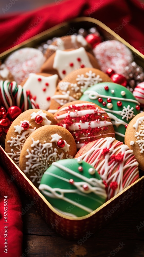 Close-up of a tray of beautifully decorated Christmas cookies