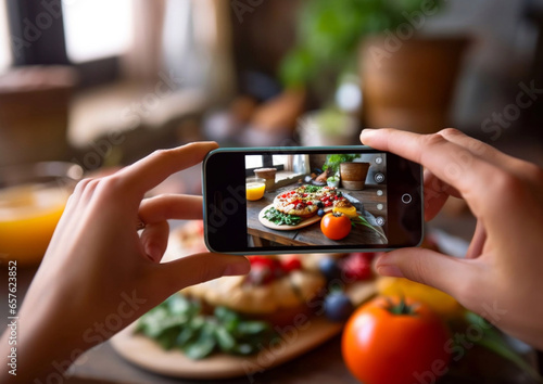 Hands holding phone to make photos of food on kitchen or restaurant table.Top view.AI Generative