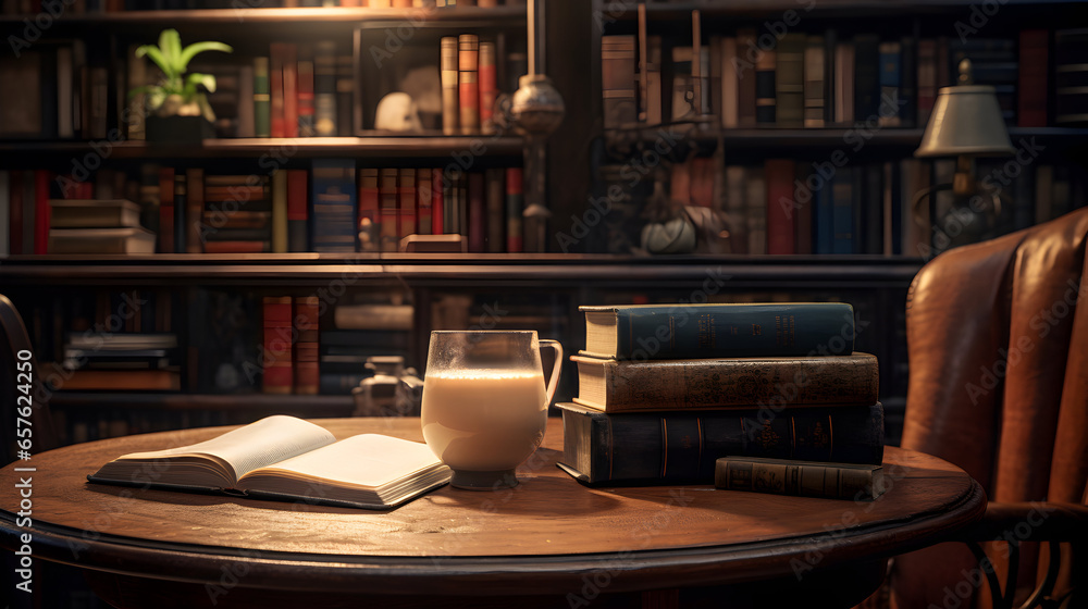 Cosy vintage library. AI generated image.