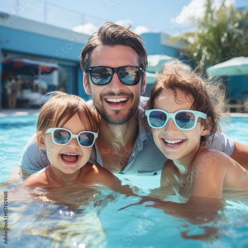 Happy family having fun in the pool on a sunny day