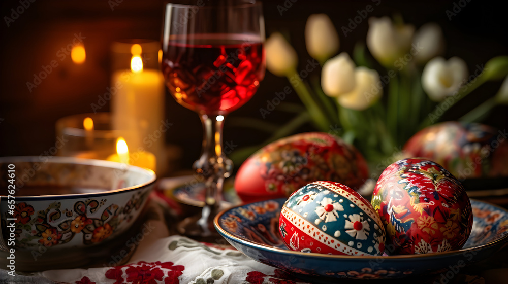Happy Easter dinner with folk decorated eggs. AI generated image.