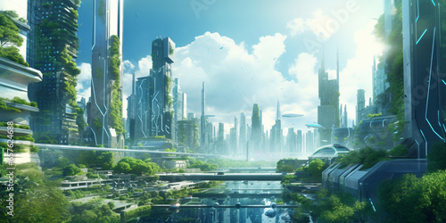 city skyline in the morning  Futuristic Green Cityscape  Sustainable Smart City   Modern Green Metropolis   Green Technology in City Planning