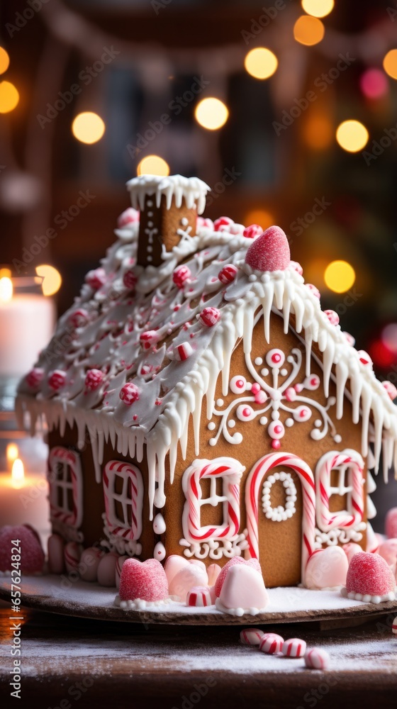 Festive gingerbread house with candy canes and icing decorations