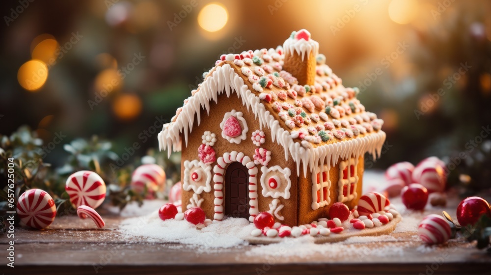 Festive gingerbread house with candy canes and icing decorations Festive gingerbread house with candy canes and icing decorations