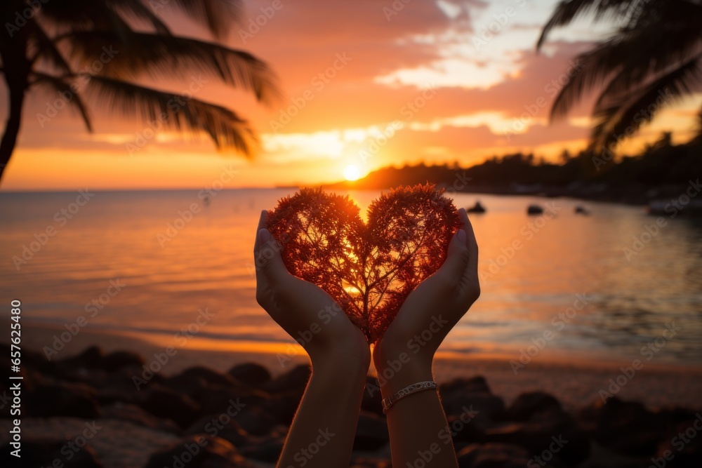 Silhouette of hands forming heart shape with sunset backround