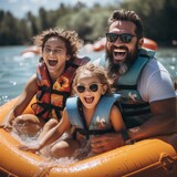 Laughing family having fun while riding on a banana boat