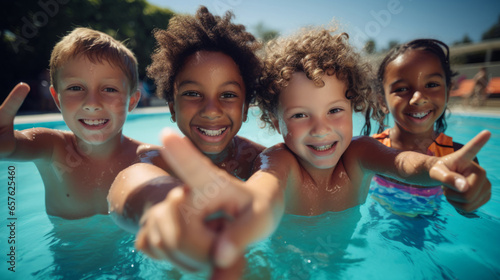 Group of diverse kids in swimming pool. Safe holiday fun activity